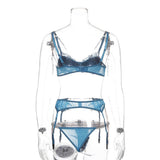 Maxbell Maxbell Crystal Chain Sexy Lingerie Women 3 Piece Lace Bodysuit Bra and Panty Set L