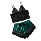 Maxbell Maxbell Women Sexy Lace Vest Crop Tops Panty Lingerie Sleepwear Deep Green XL