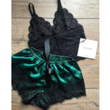 Maxbell Maxbell Women Sexy Lace Vest Crop Tops Panty Lingerie Sleepwear Deep Green XL