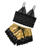 Maxbell Women Sexy Lace Vest Crop Tops Panty Lingerie Sleepwear Golden S