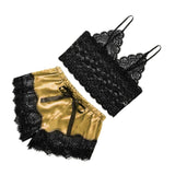 Maxbell Women Sexy Lace Vest Crop Tops Panty Lingerie Sleepwear Golden S
