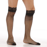 Maxbell Maxbell Men's Sexy Mesh Floral Lace Trim Anti-slip Knee High Socks Adults Stockings