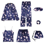 7Pieces Womens Pajamas Set Printed Sleepwear Suits Loungewear Navy XL