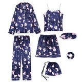 7Pieces Womens Pajamas Set Printed Sleepwear Suits Loungewear Navy XL