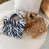 Women Leopard/Zebra Stripe Handbag Faux Fur Tote Bag zebra stripe