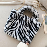 Women Leopard/Zebra Stripe Handbag Faux Fur Tote Bag zebra stripe