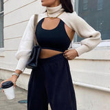 Maxbell Maxbell Turtleneck Sexy Short Sweater Long Sleeve Knitwear Pullover Halter Top White