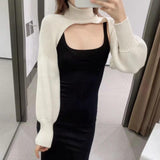 Maxbell Maxbell Turtleneck Sexy Short Sweater Long Sleeve Knitwear Pullover Halter Top White