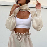 Maxbell Maxbell Turtleneck Sexy Short Sweater Long Sleeve Knitwear Pullover Halter Top White