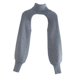 Maxbell Maxbell Turtleneck Sexy Short Sweater Long Sleeve Knitwear Pullover Halter Top Gray
