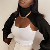 Maxbell Maxbell Turtleneck Sexy Short Sweater Long Sleeve Knitwear Pullover Halter Top Black