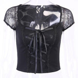 Maxbell Maxbell Vintage Tops Goth T-shirt Women Sexy Bandage Lace T-shirts Gothic Top  S