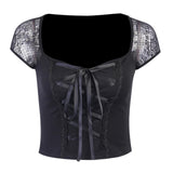 Maxbell Maxbell Vintage Tops Goth T-shirt Women Sexy Bandage Lace T-shirts Gothic Top  S