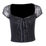 Maxbell Maxbell Vintage Tops Goth T-shirt Women Sexy Bandage Lace T-shirts Gothic Top  S