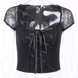 Maxbell Vintage Tops Goth T-shirt Women Sexy Bandage Lace T-shirts Gothic Top  M