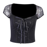 Maxbell Vintage Tops Goth T-shirt Women Sexy Bandage Lace T-shirts Gothic Top  M