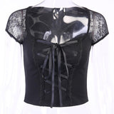 Maxbell Maxbell Vintage Tops Goth T-shirt Women Sexy Bandage Lace T-shirts Gothic Top  L