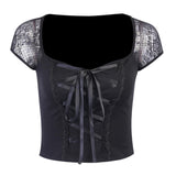 Maxbell Vintage Tops Goth T-shirt Women Sexy Bandage Lace T-shirts Gothic Top  L