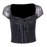 Maxbell Vintage Tops Goth T-shirt Women Sexy Bandage Lace T-shirts Gothic Top  L