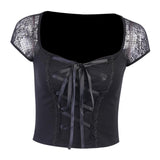 Maxbell Vintage Tops Goth T-shirt Women Sexy Bandage Lace T-shirts Gothic Top  L