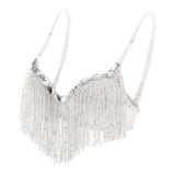 Belly Dance Bra Sparkle Sequined Tassel Top Party Club White