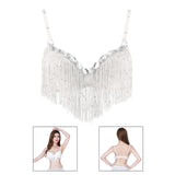 Belly Dance Bra Sparkle Sequined Tassel Top Party Club White