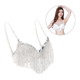 Belly Dance Bra Sparkle Sequined Tassel Top Party Club White