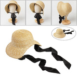 Maxbell Children Girls Straw Hat Summer Beach Bucket Hat Sun Caps Black Back Strap