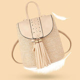 Maxbell 2xWomen Small Straw Woven Backpack Shoulder Bag Travel Beach Daypack Beige