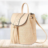 Maxbell 3xWomen Small Straw Woven Backpack Shoulder Bag Travel Beach Daypack Beige