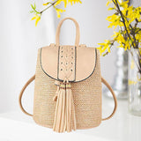 Maxbell 4xWomen Small Straw Woven Backpack Shoulder Bag Travel Beach Daypack Beige