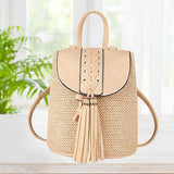 Maxbell 4xWomen Small Straw Woven Backpack Shoulder Bag Travel Beach Daypack Beige