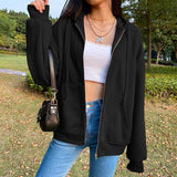 Maxbell 4xWomen's Solid color Cotton Blend Zipper Hoodie Jacket loose Top Black M