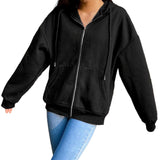Maxbell 4xWomen's Solid color Cotton Blend Zipper Hoodie Jacket loose Top Black M
