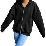 Maxbell 2xWomen's Solid color Cotton Blend Zipper Hoodie Jacket loose Top Black M