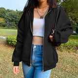 Maxbell 6xWomen's Solid color Cotton Blend Zipper Hoodie Jacket loose Top Black M