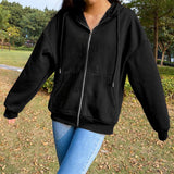Maxbell 6xWomen's Solid color Cotton Blend Zipper Hoodie Jacket loose Top Black M