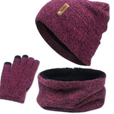 Maxbell 3xWomen Winter Beanie Hat Scarf Hat Knitted Gloves Fleece Lining Rose red