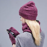 Maxbell 2xWomen Winter Beanie Hat Scarf Hat Knitted Gloves Fleece Lining Rose red