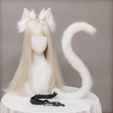 2Pcs Cat Ears and Tail Set Faux Fur Long Tail for Anime Cosplay Costume Kits White