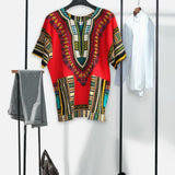 Maxbell 3xUnisex African Dashiki Shirt V Neck Short Sleeve Comfortable Summer Wear One Size  Red