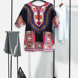Maxbell 2xUnisex African Dashiki Shirt V Neck Short Sleeve Comfortable Summer Wear One Size  Black