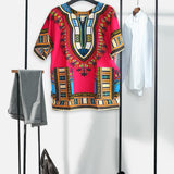 Maxbell 3xUnisex African Dashiki Shirt V Neck Short Sleeve Comfortable Summer Wear One Size  Rose Red