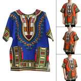 Maxbell 3xUnisex African Dashiki Shirt V Neck Short Sleeve Comfortable Summer Wear One Size  Blue