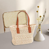 Maxbell 2xCasual Straw Woven Handbag Top Handle Wallet Summer Beach Purse beige