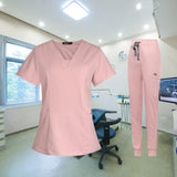 Maxbell 3xFemale Scrub Set Nurse v neckline Machine Washable Short Sleeves Suit L Pink
