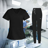 Maxbell 2xFemale Scrub Set Nurse v neckline Machine Washable Short Sleeves Suit S  Black