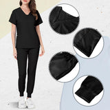 Maxbell 2xFemale Scrub Set Nurse v neckline Machine Washable Short Sleeves Suit M  Black