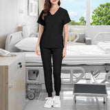 Maxbell 2xFemale Scrub Set Nurse v neckline Machine Washable Short Sleeves Suit M  Black