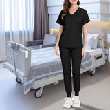 Maxbell 2xFemale Scrub Set Nurse v neckline Machine Washable Short Sleeves Suit M  Black